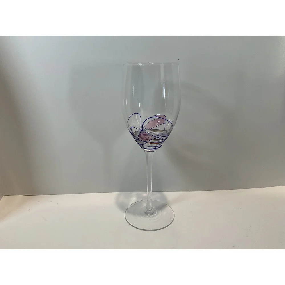 Set‎ of 3 Art Glass Wine Glasses Swirl Design Pink Blue Accent